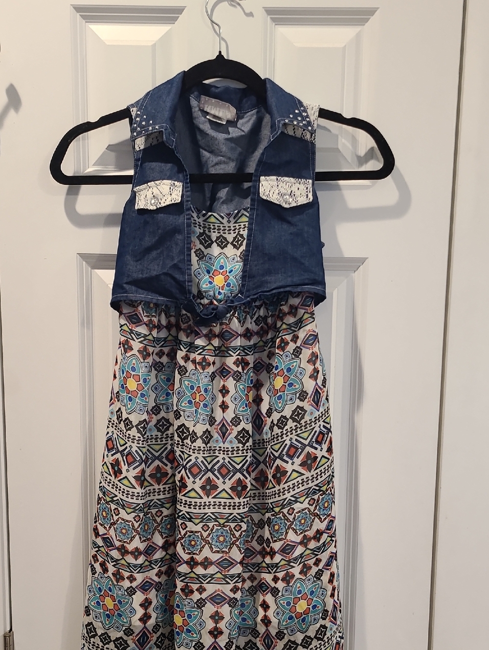 Boho Print High-Low Dress with Denim Vest
